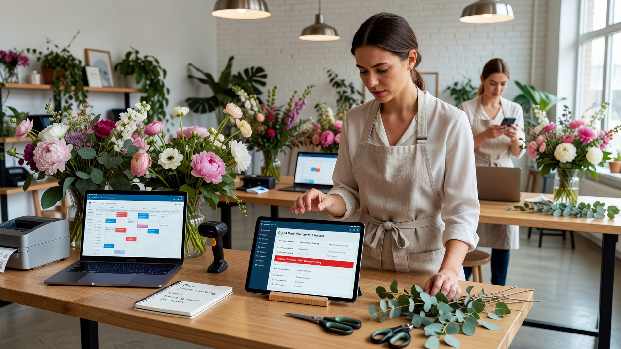 Floral designer using a mobile app to update order status while surrounded by buckets of seasonal flowers