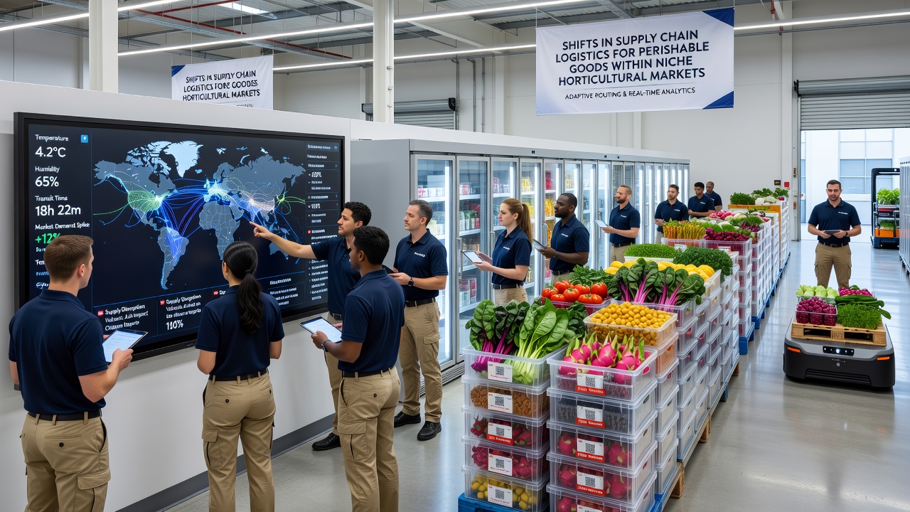 Workers inspecting niche horticultural products with sensor equipment during supply chain transit